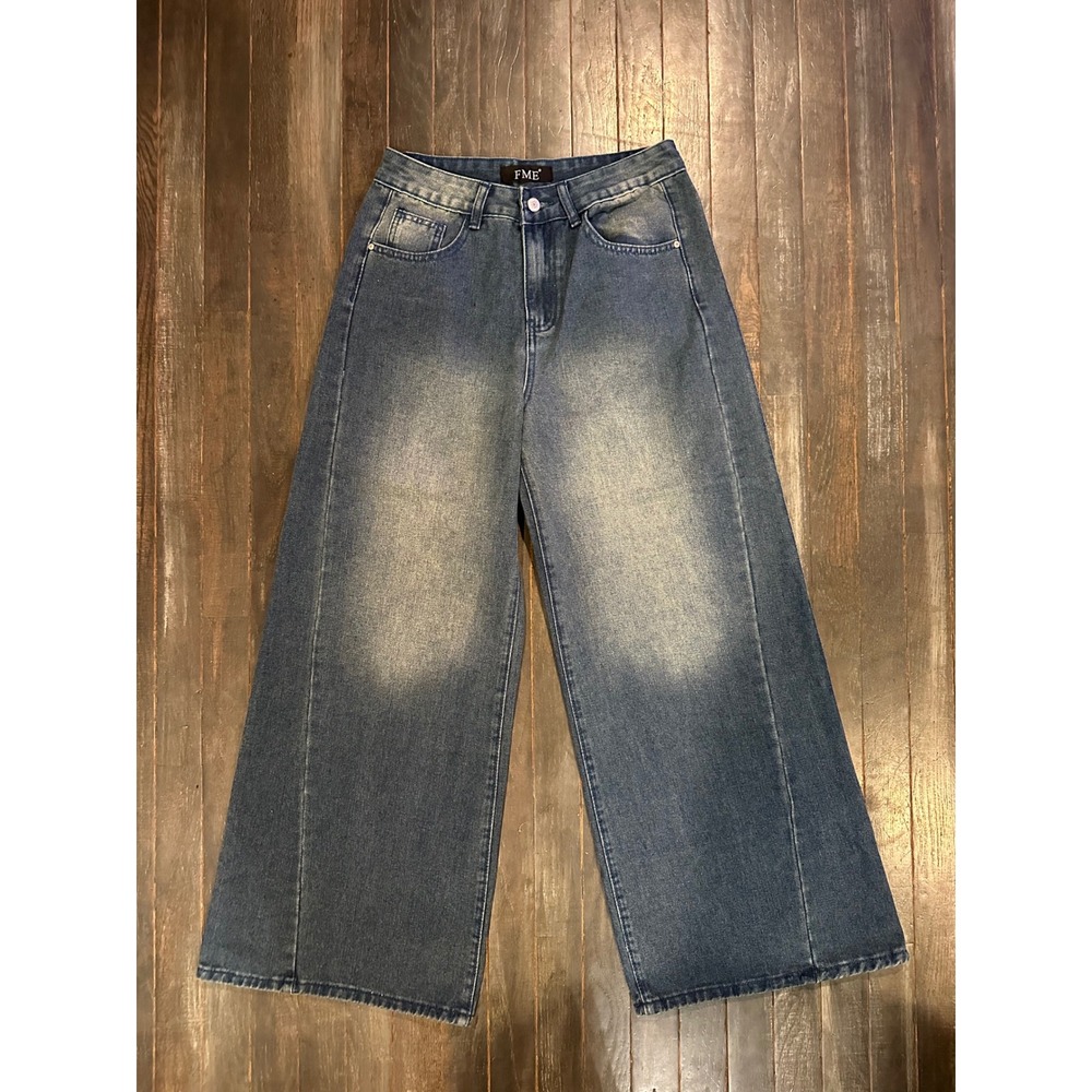 FME Womens Wide Leg Jeans High Waisted Seam Front Faded Blue Denim Pant
